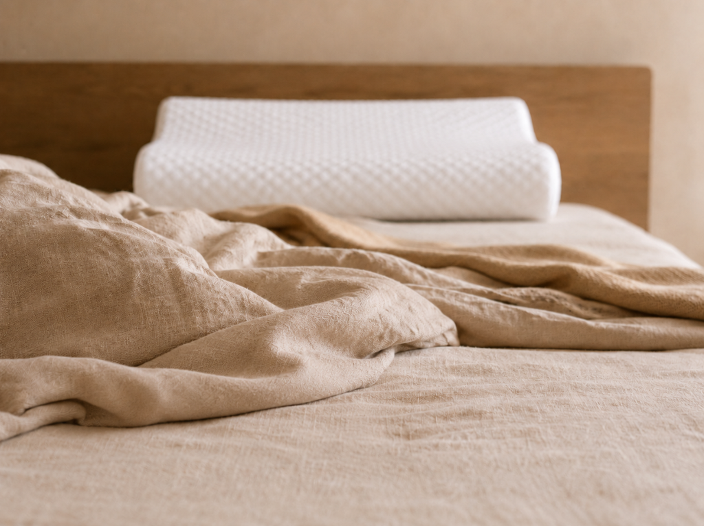 Hush pillow styled with sage green bedding and ceramic cup