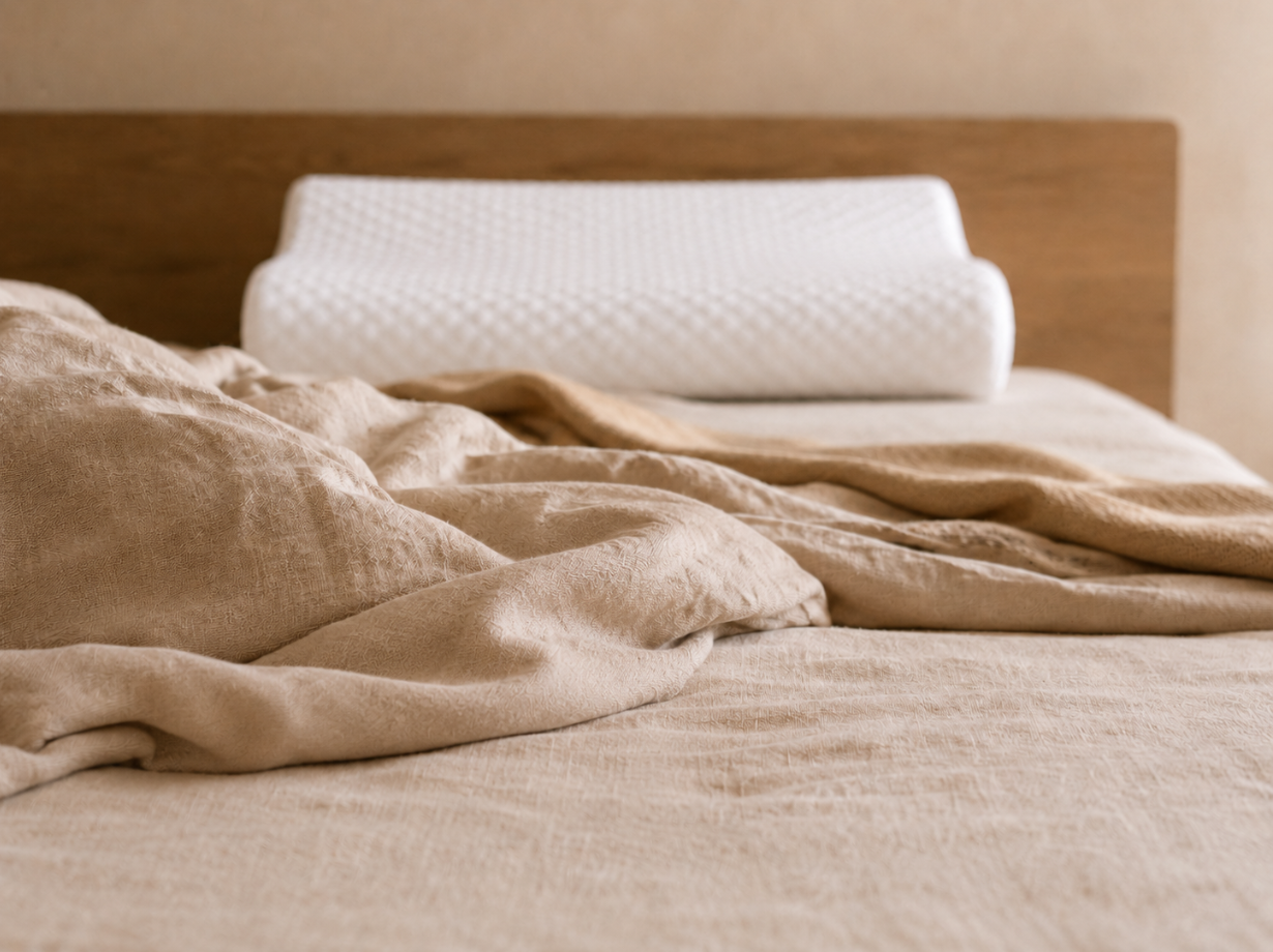 Hush pillow styled with sage green bedding and ceramic cup