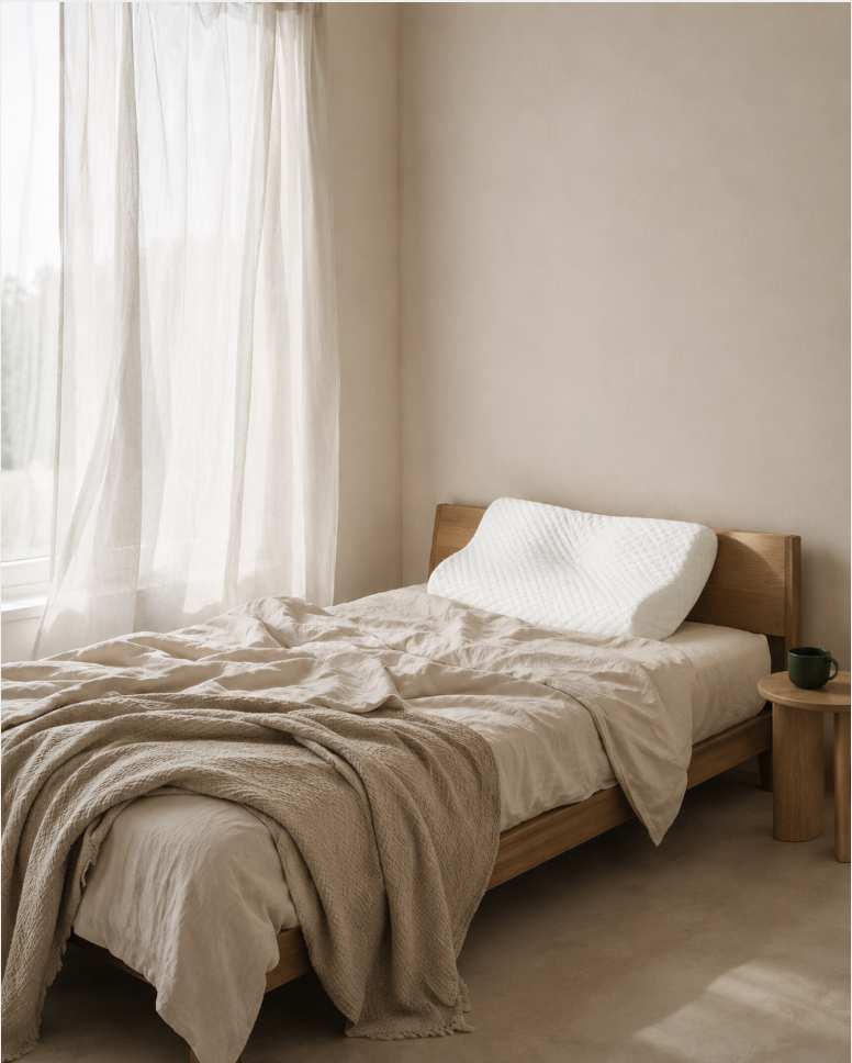 Hush pillow in a quiet neutral bedroom with morning light